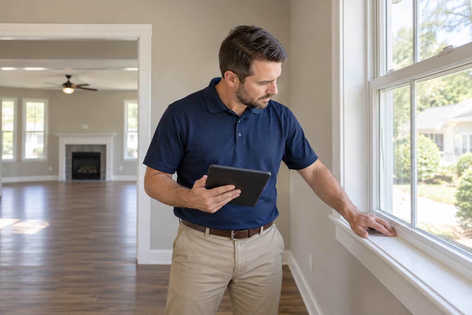 Illustrative property condition assessor checking a window sill and recording observations on a tablet.