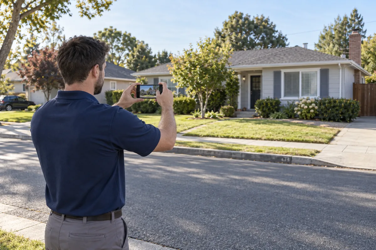 Illustrative field technician photographing a home from the public sidewalk across the street.