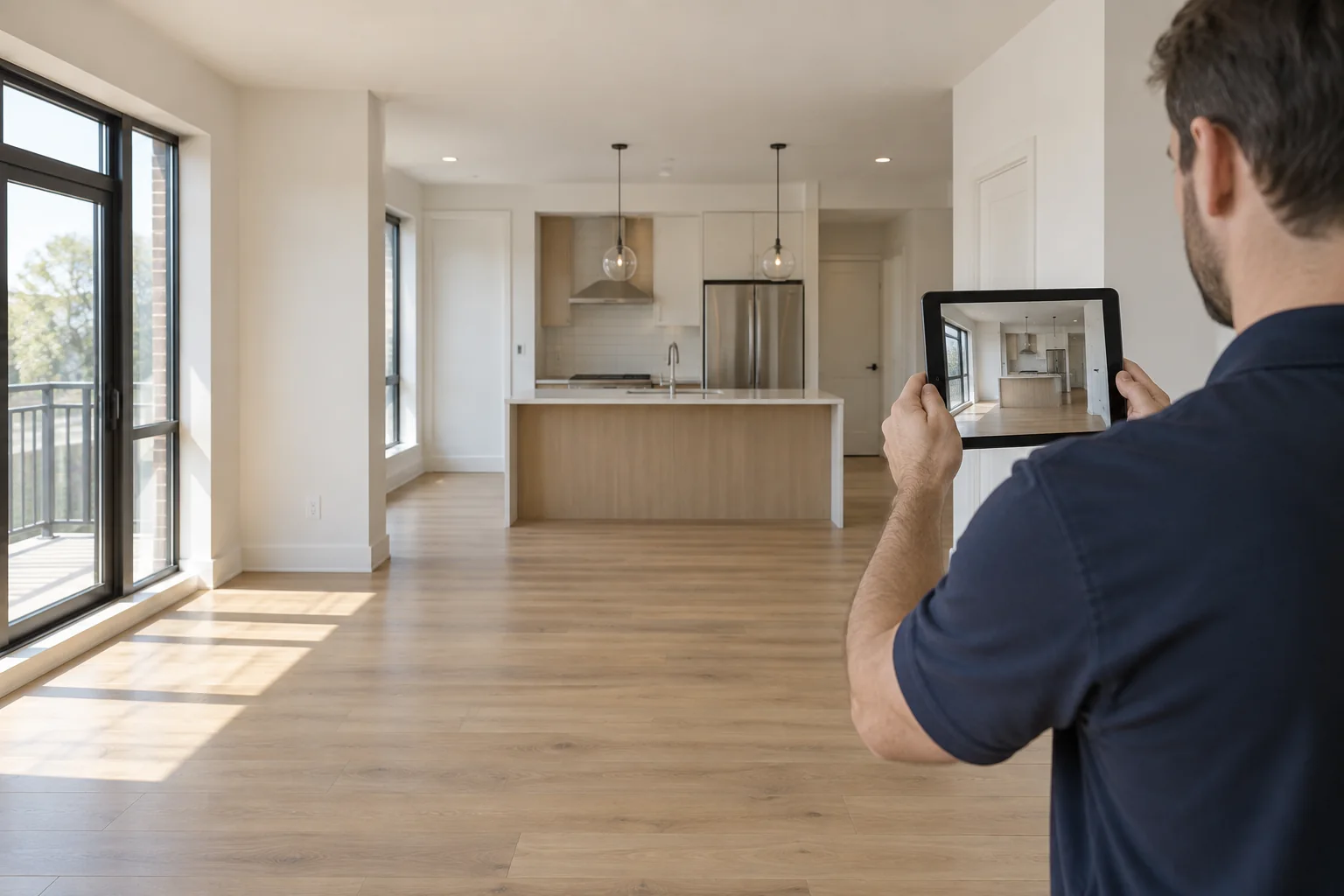 Illustrative property inspector documenting an interior room with a tablet.