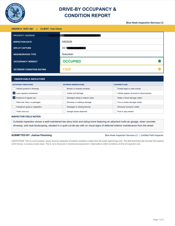 Blue Hawk sample report showing occupancy, condition ratings, and field notes.